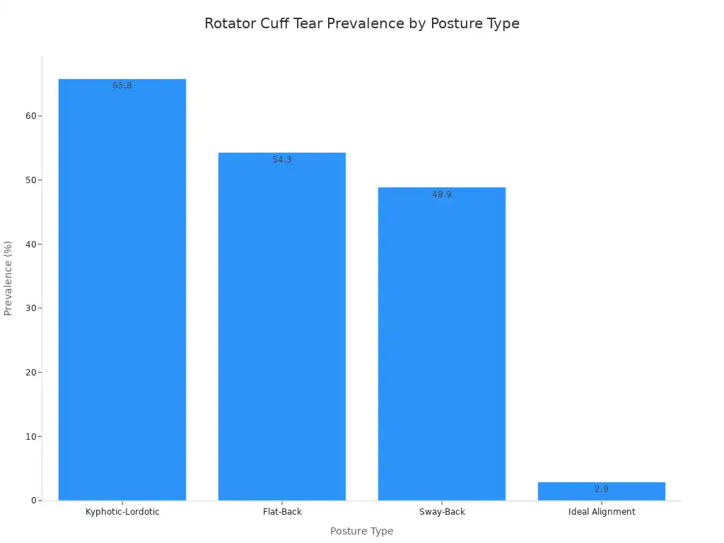 A bar chart showing the prevalence of rotator cuff tears across different posture types. Kyphotic-Lordotic posture has the highest prevalence at 65.8%, followed by Flat-Back at 54.3%, Sway-Back at 48.9%, and Ideal Alignment at 2.9.